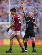 11 August 2018; Seán Kelly of Galway is shown a yellow card by referee Barry Cassidy during the GAA Football All-Ireland Senior Championship semi-final match between Dublin and Galway at Croke Park in Dublin.  Photo by Brendan Moran/Sportsfile