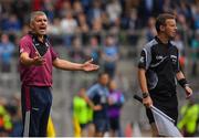 11 August 2018; Galway manager Kevin Walsh appeals a booking to linesman Joe McQuillan during the GAA Football All-Ireland Senior Championship semi-final match between Dublin and Galway at Croke Park in Dublin.  Photo by Brendan Moran/Sportsfile