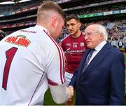 11 August 2018; Galway goalkeeper Ruairí Lavelle is introduced to President Michael D Higgins by Galway captain Damien Comer prior to the GAA Football All-Ireland Senior Championship semi-final match between Dublin and Galway at Croke Park in Dublin.  Photo by Brendan Moran/Sportsfile