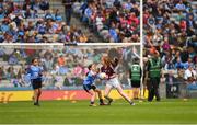 11 August 2018; Nicole McDaid, Scoil Iosagáin, Buncrana, Donegal, representing Galway,  in action against Saoirse Martin, St Mary’s PS, Newtownbutler, Fermanagh, representing Dublin, during the INTO Cumann na mBunscol GAA Respect Exhibition Go Games at the GAA Football All-Ireland Senior Championship Semi Final match between Dublin and Galway at Croke Park in Dublin.  Photo by Ray McManus/Sportsfile