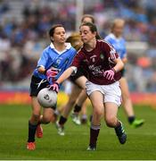 11 August 2018; Saoirse Martin, St Mary’s PS, Newtownbutler, Fermanagh, representing Dublin, in action against Muireann Rahilly, Scartaglen NS, Killarney, Kerry, representing Galway, during the INTO Cumann na mBunscol GAA Respect Exhibition Go Games at the GAA Football All-Ireland Senior Championship Semi Final match between Dublin and Galway at Croke Park in Dublin. Photo by Ray McManus/Sportsfile