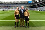 12 August 2018; Mini-Sevens Coordinator Gerry O'Meara with Referee Ellen Keany, St Brigid's NS, Drumcong, Co Leitrim, and Referee Francis Flynn, St Mary's NS Aughnasheelin, Co Leitrim, before the INTO Cumann na mBunscol GAA Respect Exhibition Go Games at the GAA Football All-Ireland Senior Championship Semi Final match between Monaghan and Tyrone at Croke Park in Dublin.  Photo by Piaras Ó Mídheach/Sportsfile