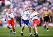 12 August 2018; Ciara O'Neill, The Rock NS, Portlaoise, Co Laois, representing Monaghan, and Katie Havern, Ballyholland PS, Newry, Co Down, representing Tyrone, during the INTO Cumann na mBunscol GAA Respect Exhibition Go Games at the GAA Football All-Ireland Senior Championship Semi Final match between Monaghan and Tyrone at Croke Park in Dublin.  Photo by Stephen McCarthy/Sportsfile