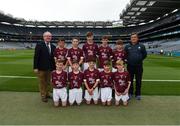 11 August 2018; Mini-Games co-ordinator Gerry O'Meara, with the Galway team, back row, left to right, Micheál Lynch, Scoil Dar Earca Valentia Island, Kerry, Cahal McKaigue, St. Patricks PS Glen, Maghera, Derry, Darren Keane, Lissycasey NS, Ennis, Clare, Jack Gleeson, Ardcroney NS, Nenagh, Tipperary, Dylan Coady, St Mary's NS, Ballygunner, Waterford, front row, left to right, James Carney, Highpark NS, Dromard, Sligo, Cian McCormack, St. Brigid's NS, Drumcong, Leitrim, Oisín O'Sullivan, Adare NS, Adare, Limerick, David Duffy, St.  Mary's NS Glaslough, Monaghan, Jeffrey Oates, St. Michael's & St. Patrick's NS, Boyle, Roscommon, ahead of the INTO Cumann na mBunscol GAA Respect Exhibition Go Games at the GAA Football All-Ireland Senior Championship Semi Final match between Dublin and Galway at Croke Park in Dublin. Photo by Daire Brennan/Sportsfile