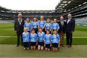 11 August 2018; INTO President Joe Killeen, President of Cumann na mBunscol Liam McGee, and Uachtarán Chumann Lúthchleas Gael John Horan, with the Dublin team, back row, left to right, Ana Dragusin, Scoil Mhuire na nÁird, Shillelagh, Wicklow, Mia Buckley, Killavullen NS, Mallow, Cork, Tara Cleary Killeigh NS, Killeigh, Offaly, Ruby O'Connell Bell, Our Lady of Good Counsel GNS, Dublin, Lea Carey, St. MaryÆs NS, Sandyford, Dublin, front row, left to right, Lucy Donoghue, Tobar an Léinn, Mountrath, Laois, Meabh Coughlan, St Mary's PS Aughlisnafin, Castlewellan, Down, Tara McGrath, St Canices Co Ed, Granges Rd, Kilkenny, Saoirse Martin, St Mary's PS, Newtownbutler, Fermanagh, Beth Hackett, St. Malachy's PS Glencull, Ballygawley, Tyrone, ahead of the INTO Cumann na mBunscol GAA Respect Exhibition Go Games at the GAA Football All-Ireland Senior Championship Semi Final match between Dublin and Galway at Croke Park in Dublin. Photo by Daire Brennan/Sportsfile