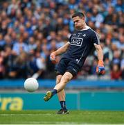 11 August 2018; Dublin captain Stephen Cluxton kicks out the ball during the GAA Football All-Ireland Senior Championship semi-final match between Dublin and Galway at Croke Park in Dublin.  Photo by Ray McManus/Sportsfile