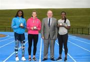 15 August 2018; Ireland’s World Championships Relay Heroes Ciara Neville, Gina Akpe Moses and Patience Jumbo Gula at the launch Aldi Community Games’ National Festival. Pictured at the lauch are, from left, Patience Jumbo Gula, Ciara Neville, John Bynre CEO comminuty games and Gina Akpe Moses at the new state of the art athletics track in UL, Limerick. Photo by Eóin Noonan/Sportsfile