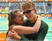 15 August 2018; Swimmer Sean O'Riordan of Ireland is congratulated by his mother Maria after setting a new personal best during his morning heat, and following his excellent Leaving Cert results, during day three of the World Para Swimming Allianz European Championships at the Sport Ireland National Aquatic Centre in Blanchardstown, Dublin. Photo by Seb Daly/Sportsfile