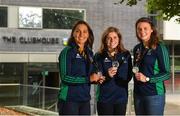 15 August 2018; UCD Students and graduates from the Irish Hockey team, from left, Lena Tice, Irish Captain Katie Mullan and UCD Captain Deirdre Duke and who recently won a silver medal in the Hockey World Cup in London at UCD in Dublin. Photo by Harry Murphy/Sportsfile