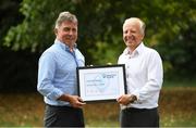 15 August 2018; Leinster Rugby has been certified as a Healthy Place to Work 2018/19 and John Ryan, CEO Great Place to Work Ireland, right, visited Leinster Rugby head office in UCD to present Leinster Rugby CEO, Mick Dawson, with a certificate in recognition of their work in creating a healthy, high performing environment for its employees. Photo by Ramsey Cardy/Sportsfile