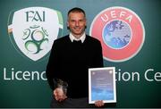 15 August 2018; Jim Crawford with his certificate during the UEFA Pro Licence Graduation at the Rochestown Park Hotel in Rochestown Rd, Douglas, Co. Cork Photo by Eóin Noonan/Sportsfile