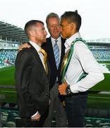 16 August 2018; Boxers Paddy Barnes, left, and Cristofer Rosales with promoter Frank Warren ahead of their World Boxing Council World Flyweight Title  bout at Windsor Park in Belfast. Photo by Ramsey Cardy/Sportsfile