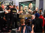 17 August 2018; John Fury, left, father of Tyson Fury, exchanges words with WBC Heavyweight champion Deontay Wilder during the Windsor Park boxing weigh ins at Belfast City Hall in Belfast. Photo by Ramsey Cardy/Sportsfile