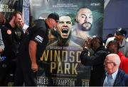 17 August 2018; John Fury, left, father of Tyson Fury, exchanges words with WBC Heavyweight champion Deontay Wilder during the Windsor Park boxing weigh ins at Belfast City Hall in Belfast. Photo by Ramsey Cardy/Sportsfile