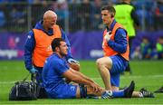 17 August 2018; Will Connors of Leinster is treated for an injury by Leinster team doctor Dr. Jim McShane, left, and academy physiotherapist Darragh Curley during the Bank of Ireland Pre-season Friendly match between Leinster and Newcastle Falcons at Energia Park in Dublin. Photo by Ramsey Cardy/Sportsfile