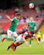 18 August 2018; Steven Beattie of Cork City in action against Dean Clarke of St. Patrick's Athletic during the SSE Airtricity League Premier Division match between Cork City and St Patrick's Athletic at Turner's Cross in Cork. Photo by John O'Brien/Sportsfile
