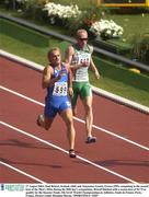 27 August 2003; Paul Brizzel of Ireland, right, and Anastasios Gousis of Greece competing in the second heat of the Men's 200m during the fifth day's competition. Brizzel finished with a season best of 20.75 to qualify for the Quarter Finals at the 9th IAAF World Championships in Athletics, Stade de France in Paris, France. Photo by Brendan Moran/Sportsfile
