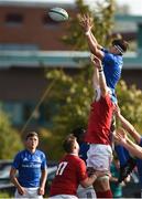 22 August 2018; Jack Barry of Leinster takes the ball in the lineout against Jonathan Fish of Munster during the U18 Schools Interprovincial match between Leinster and Munster at the University of Limerick in Limerick. Photo by Matt Browne/Sportsfile