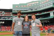 23 August 2018; WBA & IBF World Lightweight Champion Katie Taylor with boxers Demetrius Andrade, left, and Mark de Luca on a visit to Fenway Park ahead of the Major League Baseball regular season game between Boston Red Sox and Cleveland Indians at Fenway Park in Boston, USA. Photo by Emily Harney/Matchroom Boxing USA via Sportsfile