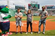 23 August 2018; Boxers, from left, Mark de Luca, WBA & IBF World Lightweight Champion Katie Taylor and Demetrius Andrade on a visit to Fenway Park ahead of the Major League Baseball regular season game between Boston Red Sox and Cleveland Indians at Fenway Park in Boston, USA. Photo by Emily Harney/Matchroom Boxing USA via Sportsfile