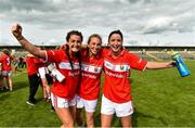 25 August 2018; Cork players, from left, Eimear Meaney, Ashling Hutchings, and Eimear Scally celebrate after the TG4 All-Ireland Ladies Football Senior Championship Semi-Final match between Cork and Donegal at Dr Hyde Park in Roscommon. Photo by Piaras Ó Mídheach/Sportsfile