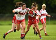 26 August 2018; Megan Devine of Derry in action against Sinead Woods of Louth during the TG4 All-Ireland Junior Championship Semi Final match between Derry and Louth at Aghaloo O'Neills in Aughnacloy, Co. Tyrone. Photo by Oliver McVeigh/Sportsfile