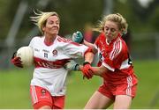26 August 2018; Ciara Moore of Derry in action against Aoife Russell of Louth during the TG4 All-Ireland Junior Championship Semi Final match between Derry and Louth at Aghaloo O'Neills in Aughnacloy, Co. Tyrone. Photo by Oliver McVeigh/Sportsfile