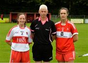 26 August 2018; Referee Declan Carolan along with Cait Glass of Derry and Kate Flood of Louth before the Captains toss in the TG4 All-Ireland Junior Championship Semi Final match between Derry and Louth at Aghaloo O'Neills in Aughnacloy, Co. Tyrone. Photo by Oliver McVeigh/Sportsfile