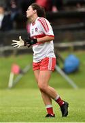 26 August 2018; Megan Devine of Derry reacts after missing a goal chance during the TG4 All-Ireland Junior Championship Semi Final match between Derry and Louth at Aghaloo O'Neills in Aughnacloy, Co. Tyrone. Photo by Oliver McVeigh/Sportsfile