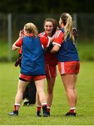 26 August 2018; Niamh Rice of Louth celebrates with subs after the TG4 All-Ireland Junior Championship Semi Final match between Derry and Louth at Aghaloo O'Neills in Aughnacloy, Co. Tyrone. Photo by Oliver McVeigh/Sportsfile