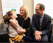 28 August 2018; Republic of Ireland manager Martin O'Neill with Aoibhín Egan and her mother Ruth, from Caragh, Co Kildare, during a visit to the Jack & Jill Children’s Foundation at Johnstown Manor in Naas, Co Kildare. Republic of Ireland manager Martin O’Neill and John Delaney, CEO, Football Association of Ireland, dropped in to meet Jack & Jill families and nurses. From their headquarters, Jack & Jill provides a nationwide home nursing care and respite service to 355 children with severe to profound neurodevelopmental delay currently under their wing. The charity also provides end of life care to children under 5 years of age going home to die. Martin and John had a chat with some of the children and their families as the charity gets ready for Jack & Jill Week running from 7th to 13th October. See www.jackandjill.ie. Photo by Stephen McCarthy/Sportsfile
