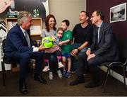 28 August 2018; Republic of Ireland manager Martin O'Neill and John Delaney, CEO, Football Association of Ireland, meet the Cryan family, David and Siobhan with Zoe, age 4, and Dylan, from Lucan, Dublin, during a visit to the Jack & Jill Children’s Foundation at Johnstown Manor in Naas, Co Kildare. Republic of Ireland manager Martin O’Neill and John Delaney, CEO, Football Association of Ireland, dropped in to meet Jack & Jill families and nurses. From their headquarters, Jack & Jill provides a nationwide home nursing care and respite service to 355 children with severe to profound neurodevelopmental delay currently under their wing. The charity also provides end of life care to children under 5 years of age going home to die. Martin and John had a chat with some of the children and their families as the charity gets ready for Jack & Jill Week running from 7th to 13th October. See www.jackandjill.ie. Photo by Stephen McCarthy/Sportsfile