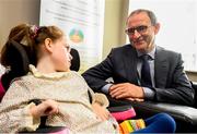 28 August 2018; Republic of Ireland manager Martin O'Neill meets Aoibhín Egan, age 8, from Caragh, Kildare, during a visit to the Jack & Jill Children’s Foundation at Johnstown Manor in Naas, Co Kildare. Republic of Ireland manager Martin O’Neill and John Delaney, CEO, Football Association of Ireland, dropped in to meet Jack & Jill families and nurses. From their headquarters, Jack & Jill provides a nationwide home nursing care and respite service to 355 children with severe to profound neurodevelopmental delay currently under their wing. The charity also provides end of life care to children under 5 years of age going home to die. Martin and John had a chat with some of the children and their families as the charity gets ready for Jack & Jill Week running from 7th to 13th October. See www.jackandjill.ie. Photo by Stephen McCarthy/Sportsfile
