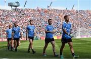 2 September 2018; Niall Scully, James McCarthy, Brian Fenton, Jack McCaffrey and Jonny Cooper of Dublin parade in front of the hill before the GAA Football All-Ireland Senior Championship Final match between Dublin and Tyrone  at Croke Park in Dublin. Photo by Oliver McVeigh/Sportsfile