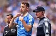 2 September 2018; Dublin Manager Jim Gavin with Cormac Costello of Dublin as he waits to come on the field as a substitute during the GAA Football All-Ireland Senior Championship Final match between Dublin and Tyrone  at Croke Park in Dublin. Photo by Oliver McVeigh/Sportsfile