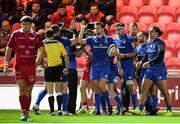8 September 2018; Leinster players reacts after James Lowe scored their second try during the Guinness PRO14 Round 2 match between Scarlets and Leinster at Parc y Scarlets in Llanelli, Wales. Photo by Stephen McCarthy/Sportsfile