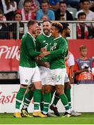 11 September 2018; Aiden O'Brien, left, of Republic of Ireland is congratulated by team-mates Callum Robinson, right and Richard Keogh after scoring his side's first goal during the International Friendly match between Poland and Republic of Ireland at the Municipal Stadium in Wroclaw, Poland. Photo by Stephen McCarthy/Sportsfile