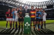 18 September 2018; All-Ireland players, from left, Daire Feeney of UCC, Mick Noone of Clontarf, Alan Fitzgerald of Garryowen, Colm Hogan of TCD, Alan Kennedy of Young Munster, President of IRFU Ian McIlrath, Jack O Sullivan of Lansdowne, Will Leonard of Shannon, Stephen McVeigh of UCD, Michael Melia of Terenure College and Gary Bradley of Cork Constitution during the All-Ireland League and Women’s All-Ireland League 2018/19 Season launch at the Aviva Stadium in Dublin. Photo by Harry Murphy/Sportsfile