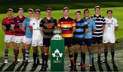 18 September 2018; All-Ireland players, from left, Daire Feeney of UCC, Mick Noone of Clontarf, Alan Fitzgerald of Garryowen, Colm Hogan of TCD, Alan Kennedy of Young Munster, Jack O Sullivan of Lansdowne, Will Leonard of Shannon, Stephen McVeigh of UCD, Michael Melia of Terenure College and Gary Bradley of Cork Constitution during the All-Ireland League and Women’s All-Ireland League 2018/19 Season launch at the Aviva Stadium in Dublin. Photo by Harry Murphy/Sportsfile