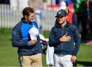 25 September 2018; Actor Jamie Dornan of Europe, left, and singer Niall Horan of Europe during the Celebrity Matches prior to the Ryder Cup 2018 Matches at Le Golf National in Paris, France. Photo by Ramsey Cardy/Sportsfile