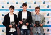 29 September 2018; Tipperary hurlers, from left, Seán Phelan of Nenagh Eire OG, Conor Whelan of CJ Kickhams, and James Devaney of Borris-Ileigh, with their awards at the 2018 Electric Ireland Minor Star Awards. The Hurling/Football Team of the Year was selected by an expert panel of GAA legends including Ollie Canning, Sean Cavanagh, Michael Fennelly and Daniel Goulding. Sponsors of the GAA Minor Championships, Electric Ireland today recognised the talent and dedication of 15 Minor football players, and 15 Minor hurling players at the second annual Electric Ireland Minor Star Awards at Croke Park. #GAAThisIsMajor Photo by Stephen McCarthy/Sportsfile