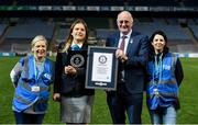 30 September 2018; Julianne McKeigue, GAA Museum, Paulina Sapinska, Guinness World Record Ajudicator, Uachtarán Chumann Lúthcleas Gael John Horan and Niamh McCoy, Director of the GAA Museum, with the Guinness World Record Certificate following the Official Guinness World Record Attempt for World’s Largest Hurling Lesson at Croke Park in Dublin. The attempt, which saw 1,772 participants take to the field was made to celebrate 20 Years of the GAA Museum.  Photo by Sam Barnes/Sportsfile