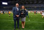 30 September 2018; Uachtarán Chumann Lúthcleas Gael John Horan, with Paulina Sapinska, Guinness World Record Ajudicator during the Official Guinness World Record Attempt for World’s Largest Hurling Lesson at Croke Park in Dublin. The attempt, which saw 1,772 participants take to the field was made to celebrate 20 Years of the GAA Museum.  Photo by Sam Barnes/Sportsfile