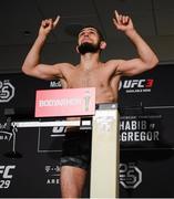 5 October 2018; Khabib Nurmagomedov weighs in for UFC 229 at the Park Theater in Las Vegas, Nevada, United States. Photo by Stephen McCarthy/Sportsfile