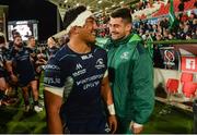 5 October 2018; Bundee Aki of Connacht celebrates with team-mate Tiernan O’Halloran after the Guinness PRO14 Round 6 match between Ulster and Connacht at Kingspan Stadium, in Belfast. Photo by Oliver McVeigh/Sportsfile