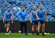 15 June 2018; Zach Tuohy, 2nd from left, of the Geelong Cats AFL team, with team-mates, from left, Jed Bews, Tom Stewart and Mark Blicavs during squad training in the GMHBA Stadium in Geelong, Australia. Photo by Brendan Moran/Sportsfile