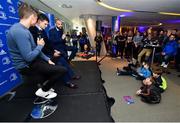 6 October 2018; Jonathan Sexton, centre, and Scott Fardy of Leinster are interviewed by Ryan Bailey of the42.ie during a Q&A session in the Blue Room prior to the Guinness PRO14 Round 6 match between Leinster and Munster at Aviva Stadium, Dublin. Photo by Seb Daly/Sportsfile