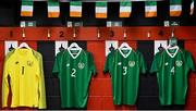 10 October 2018; The jerseys of Brian Maher, Jordan Doherty, Jack James and Lee O'Connor of Republic of Ireland prior to the UEFA U19 European Championship Qualifying match between Bosnia & Herzegovina and Republic of Ireland at the City Calling Stadium in Longford. Photo by Seb Daly/Sportsfile