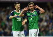 27 May 2016; Will Grigg of Northern Ireland celebrates with Craig Cathcart after scoring his side's third goal during the International Friendly between Northern Ireland v Belarus in the Windsor Park, Belfast. Photo by Oliver McVeigh/Sportsfile