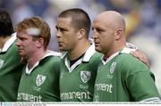 6 September 2003; Ireland players, from left, Anthony Horgan, Marcus Horan and Keith Wood line up for the National Anthems before the game. RBS World Cup Countdown test, Scotland v Ireland, Murrayfield Stadium, Edinburgh, Scotland. Picture credit; Brendan Moran / SPORTSFILE *EDI*